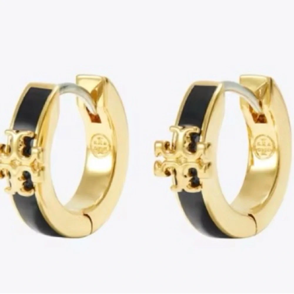 Tory Burch Gold and Black Huggie Hoop Earrings - Picture 5 of 5
